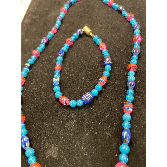 Handmade Cotton Candy Pink Blue Glass Beaded Necklace Bracelet Matching Set - Picture 3 of 4